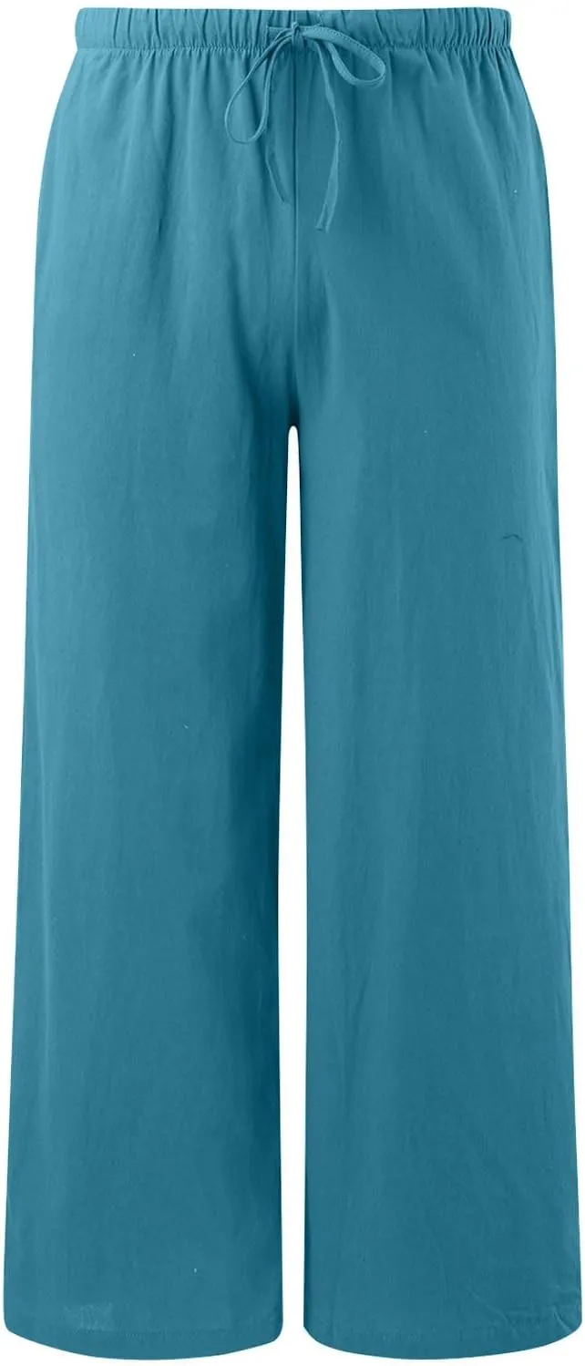 Linen Pants Women Summer,Wide Leg Casual Cotton Linen Pants High Waisted Drawstring Lounge Pants Beach Trousers