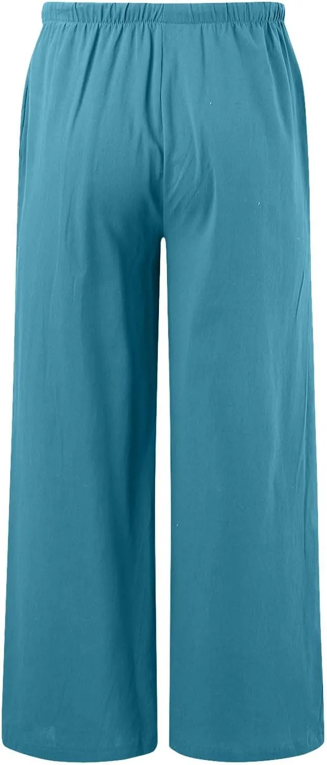 Linen Pants Women Summer,Wide Leg Casual Cotton Linen Pants High Waisted Drawstring Lounge Pants Beach Trousers