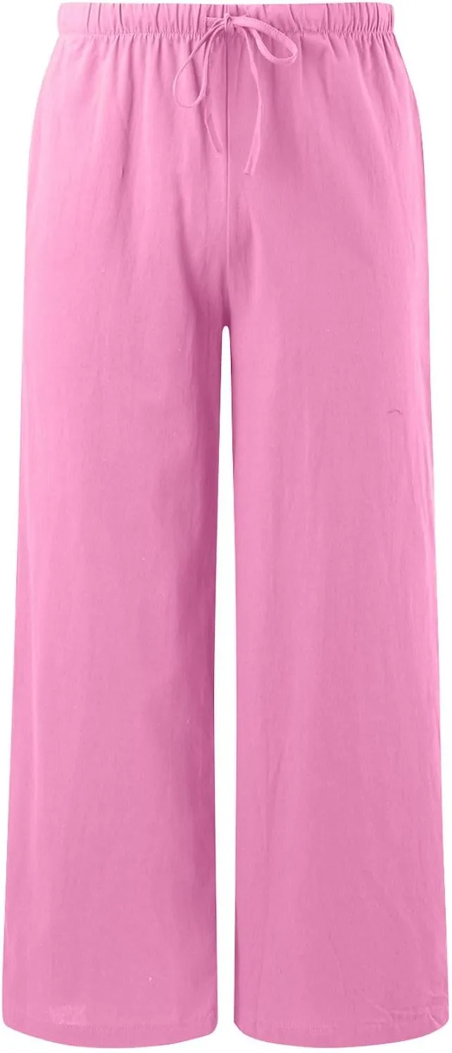 Linen Pants Women Summer,Wide Leg Casual Cotton Linen Pants High Waisted Drawstring Lounge Pants Beach Trousers