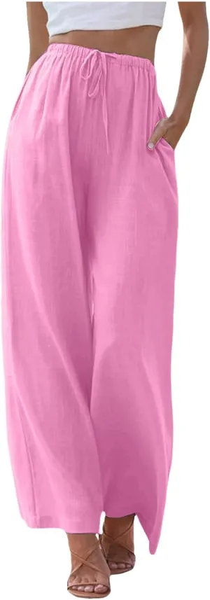 Linen Pants Women Summer,Wide Leg Casual Cotton Linen Pants High Waisted Drawstring Lounge Pants Beach Trousers