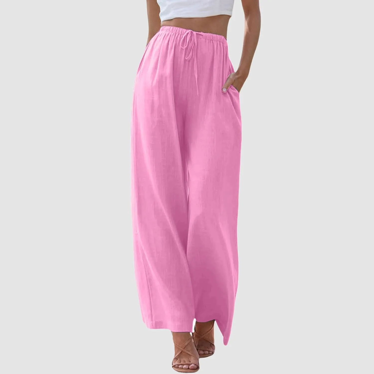 Linen Pants Women Summer,Wide Leg Casual Cotton Linen Pants High Waisted Drawstring Lounge Pants Beach Trousers