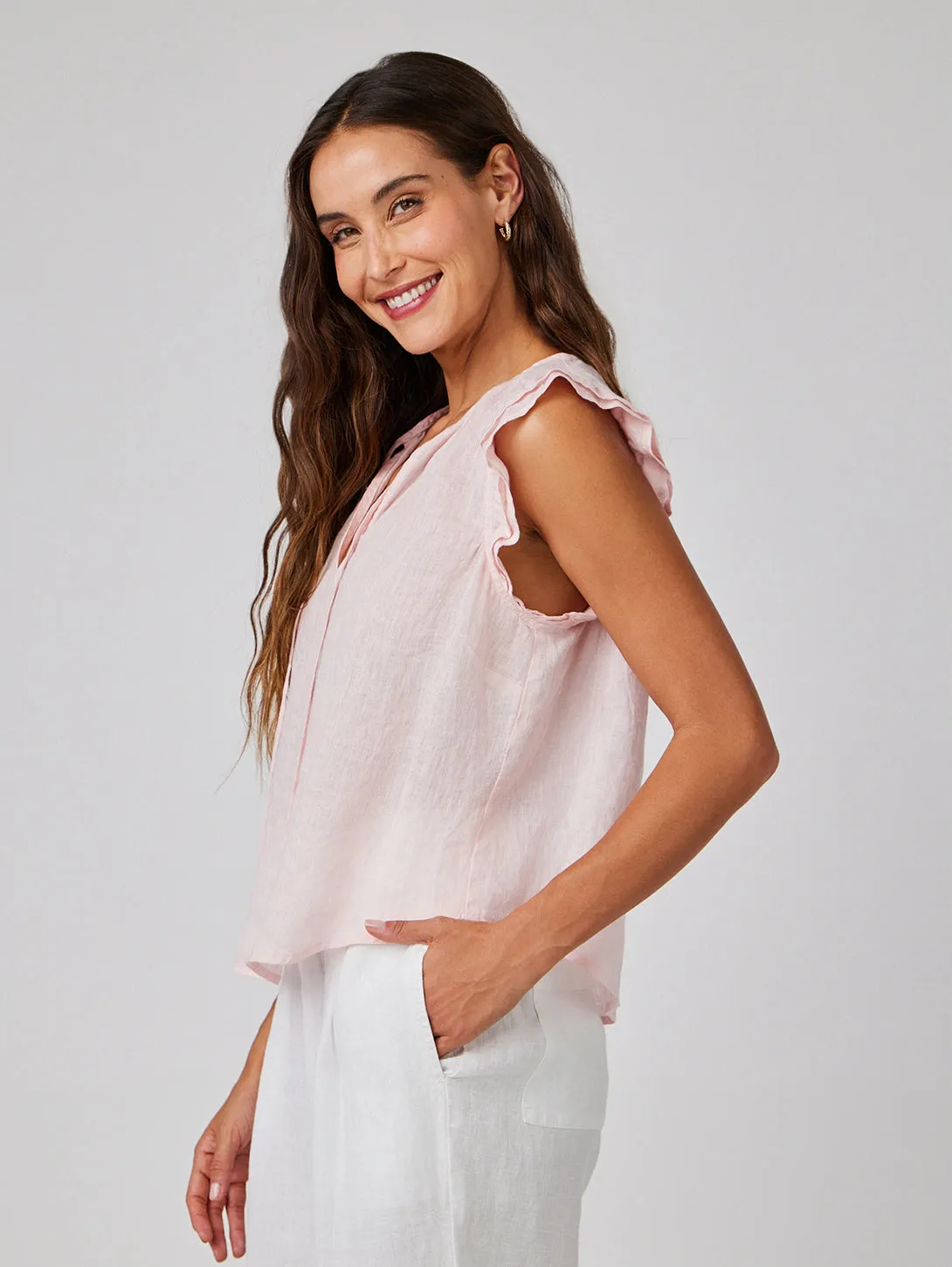 Linen Ruffle Sleeve Top - Pastel Pink