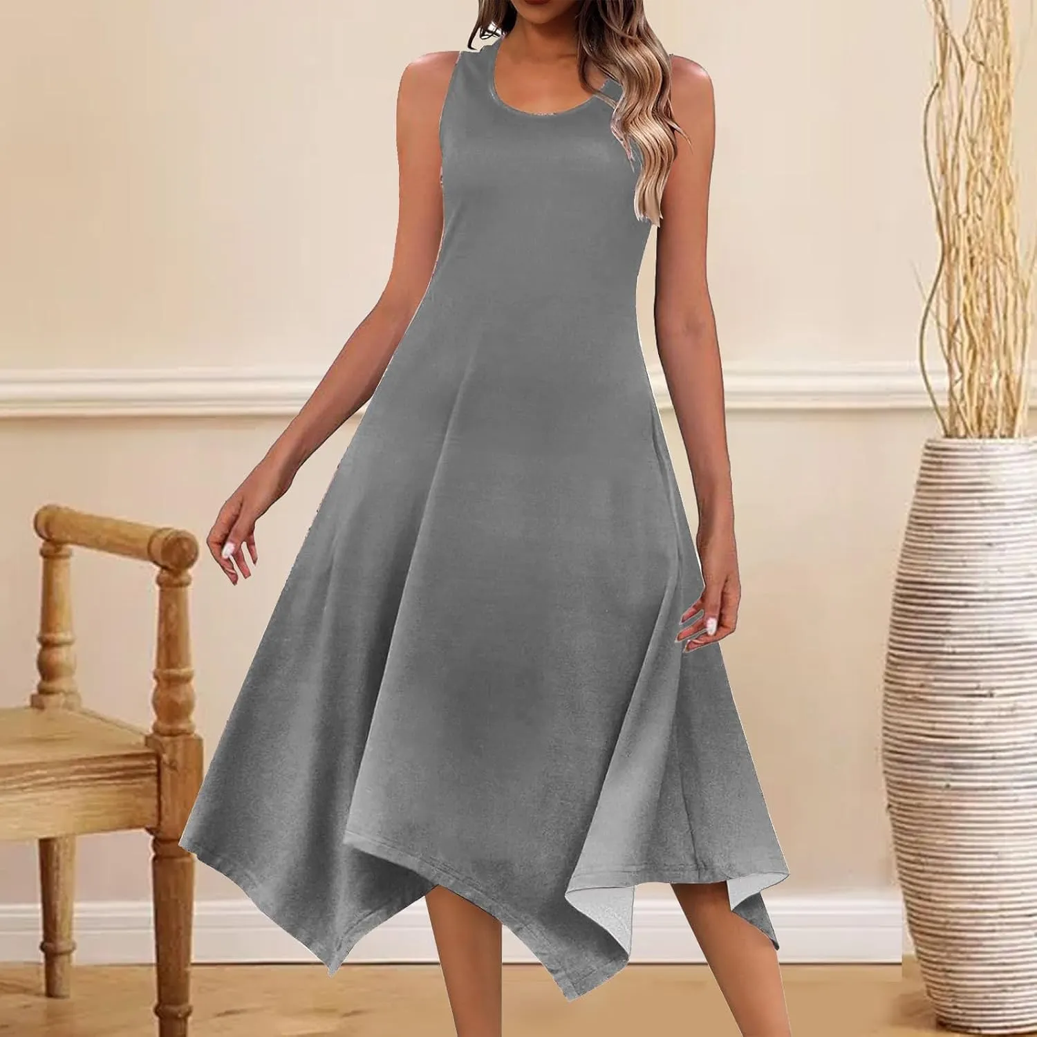 Long Summer Dresses for Women 2024 Casual Plus Size Irregular Hankerchief Hem Maxi Dress Tank Dresses with Pockets