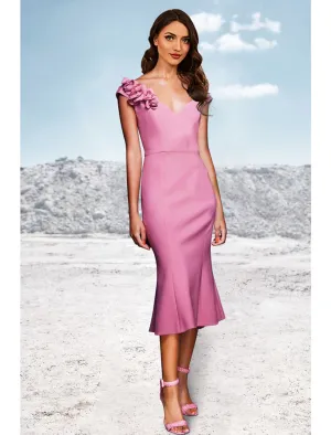 Luolandi Mermaid / Trumpet Cocktail Dresses Floral Dress WorkWear Tea Length Sleeveless V Neck Satin with Flower