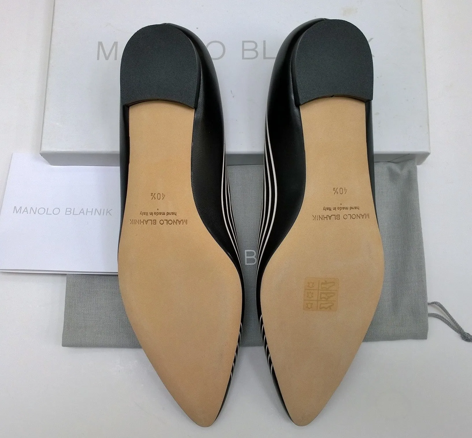 Manolo Blahnik Waldayaflat in Black Nappa Leather with White Gradation Stripes Shoes Flats