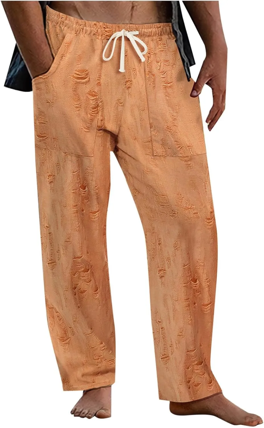 Mens Summer Casual Pants Fashion Ripped Distressed Hip Hop Streetwear Elastic Waist Loose Fit Trousers with Pockets