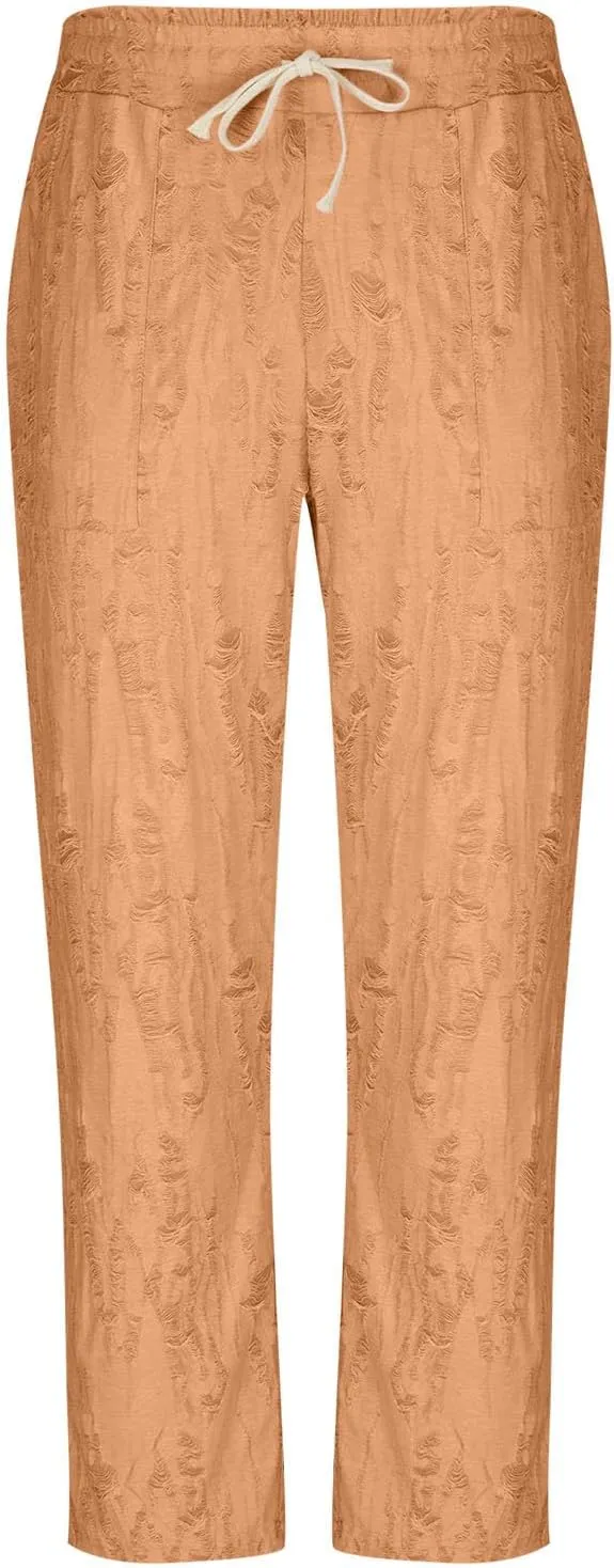 Mens Summer Casual Pants Fashion Ripped Distressed Hip Hop Streetwear Elastic Waist Loose Fit Trousers with Pockets