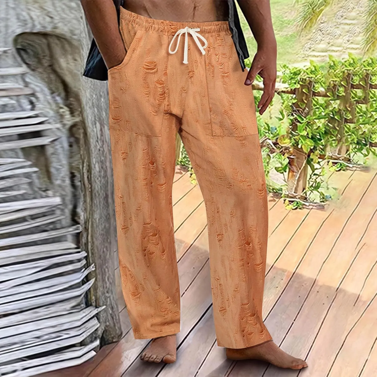 Mens Summer Casual Pants Fashion Ripped Distressed Hip Hop Streetwear Elastic Waist Loose Fit Trousers with Pockets