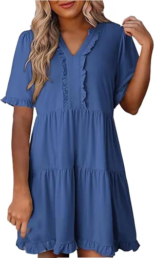 Mini Dresses for Women Summer Casual V Neck Dress Short Sleeve A Line Flowy Swing Shift Dress Plus Size Sundress