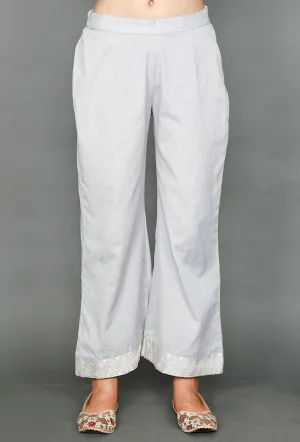 Pale Grey Palazzos With Kantha Embroidery