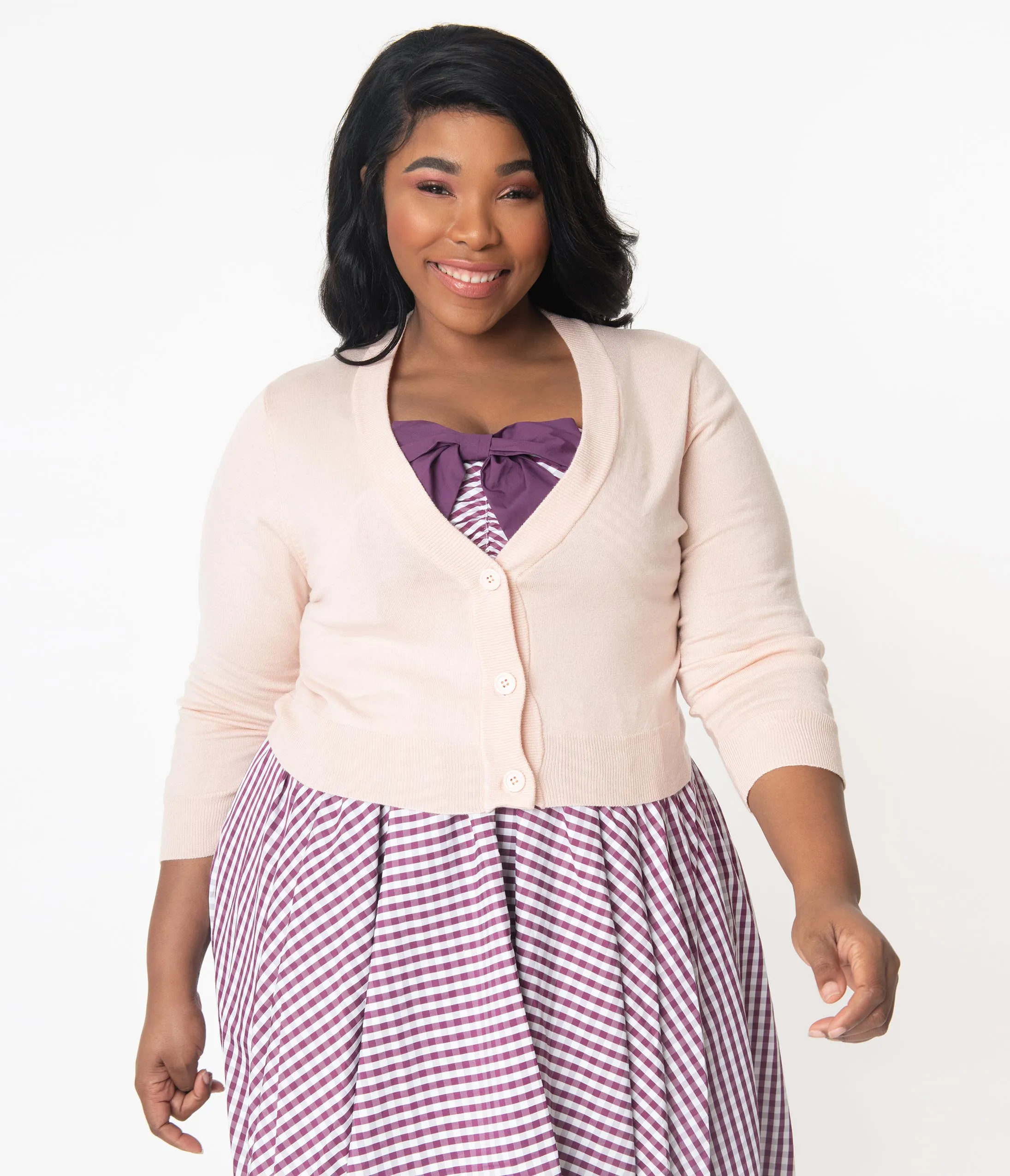 Plus Size Blush Pink Three-Quarter Sleeve Button Up Crop Cardigan