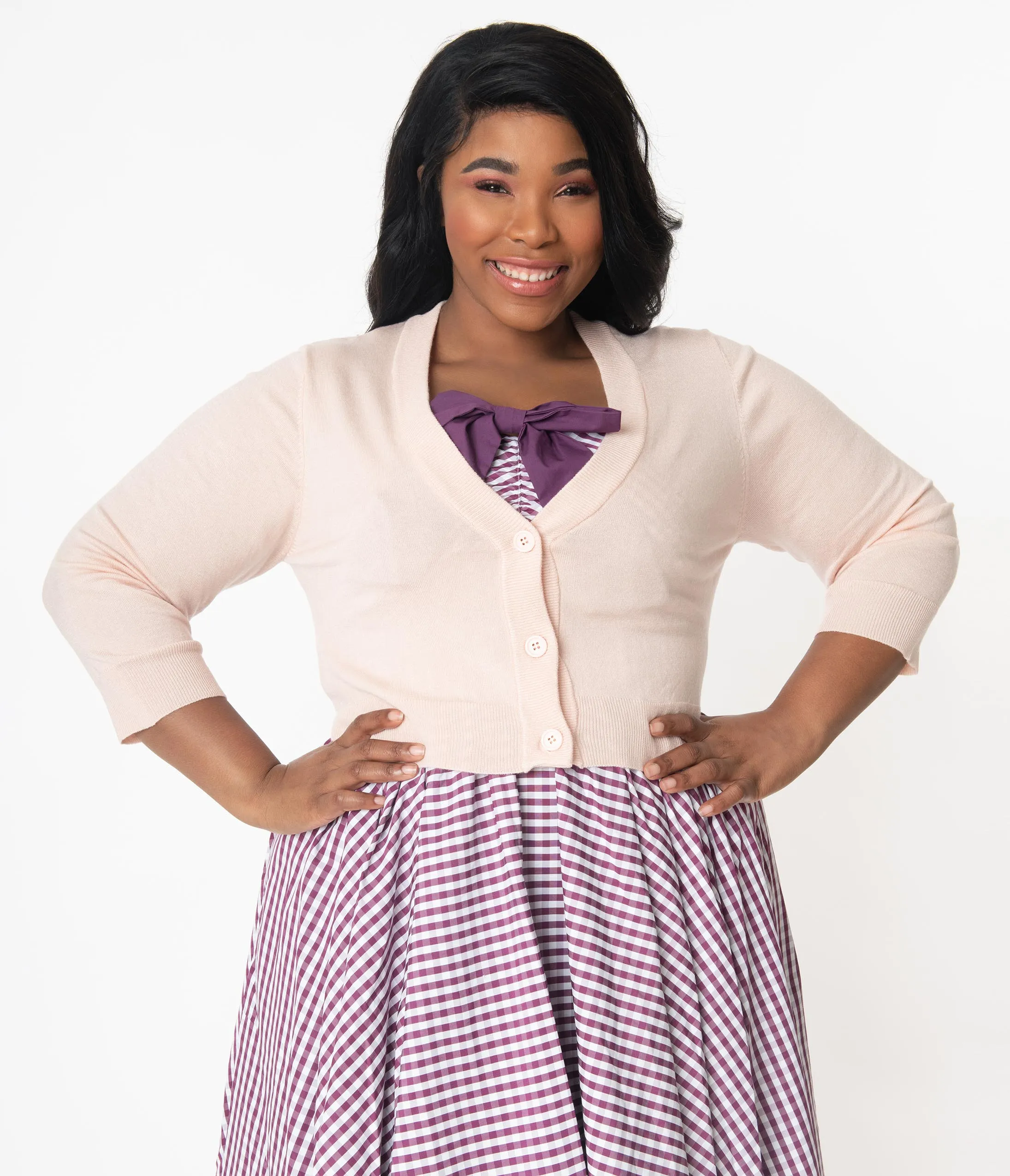 Plus Size Blush Pink Three-Quarter Sleeve Button Up Crop Cardigan