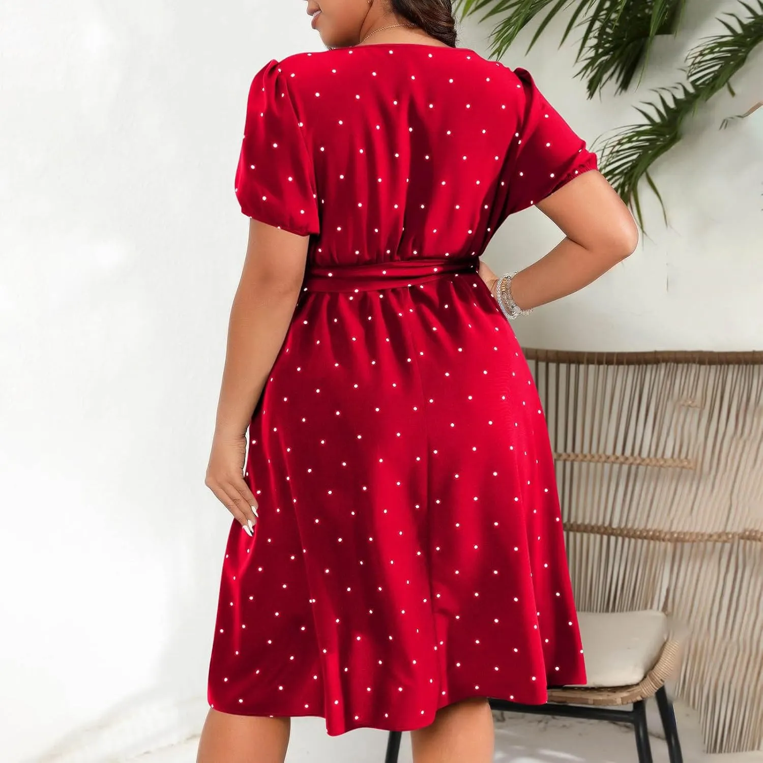 Plus Size Summer Dress for Women Elegant Retro Polka Dot Wasit Tie Dresses Short Sleeve Square Neck Swing Midi Dress