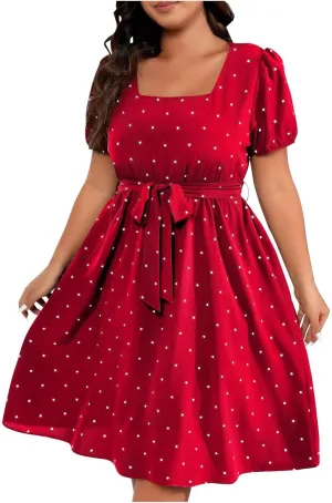 Plus Size Summer Dress for Women Elegant Retro Polka Dot Wasit Tie Dresses Short Sleeve Square Neck Swing Midi Dress