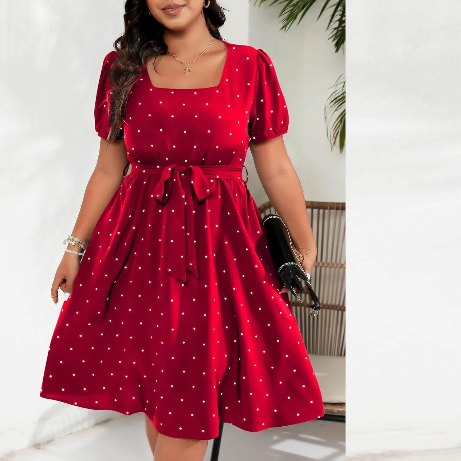Plus Size Summer Dress for Women Elegant Retro Polka Dot Wasit Tie Dresses Short Sleeve Square Neck Swing Midi Dress