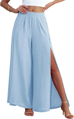 POKWAI Split Wide Leg Pants for Women Beach Vacation High Waist Lightweight Flowy Casual Summer Pants