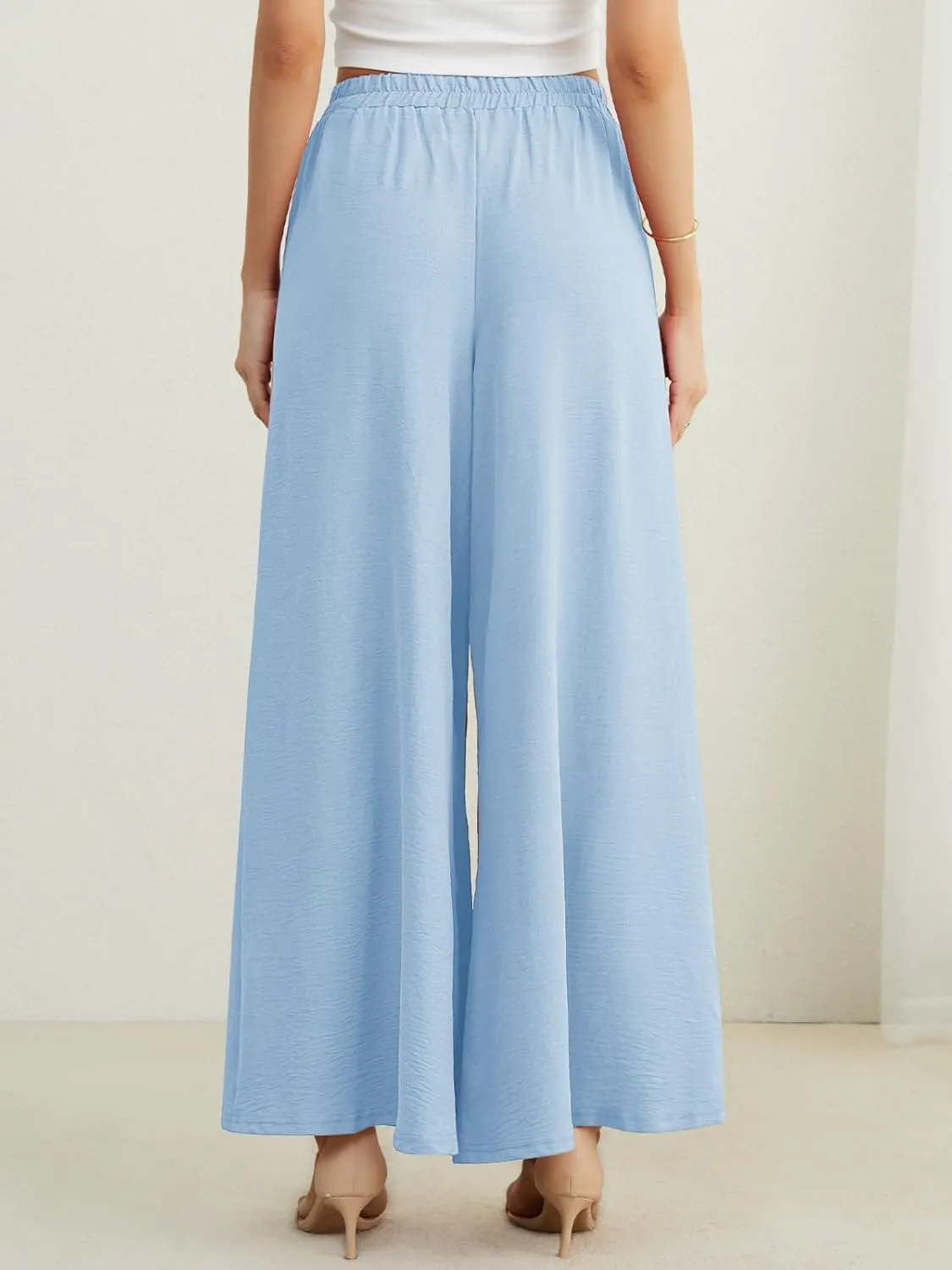 POKWAI Split Wide Leg Pants for Women Beach Vacation High Waist Lightweight Flowy Casual Summer Pants
