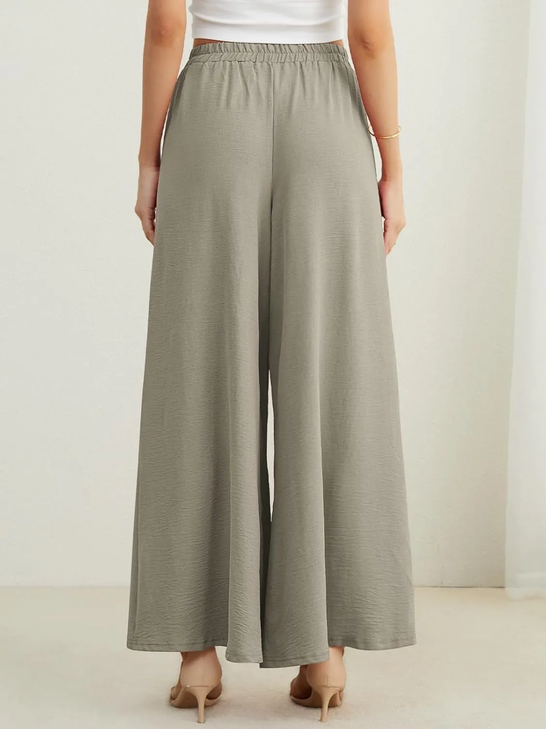 POKWAI Split Wide Leg Pants for Women Beach Vacation High Waist Lightweight Flowy Casual Summer Pants