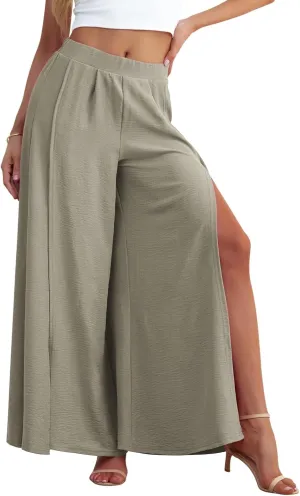 POKWAI Split Wide Leg Pants for Women Beach Vacation High Waist Lightweight Flowy Casual Summer Pants