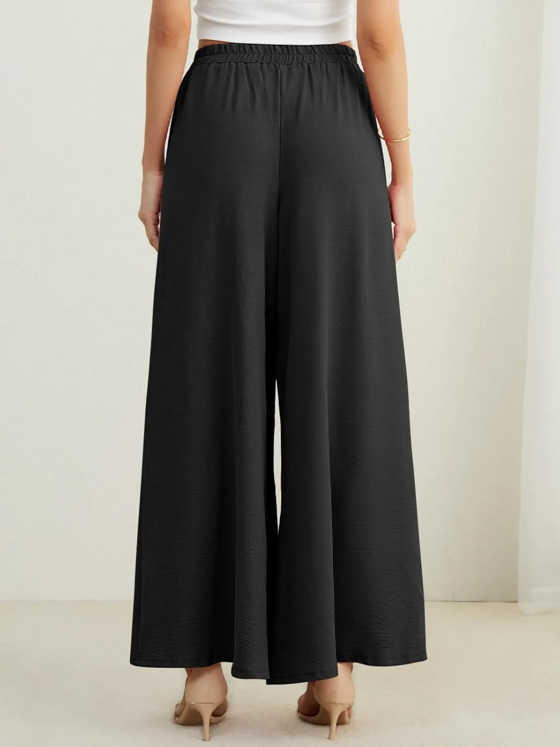 POKWAI Split Wide Leg Pants for Women Beach Vacation High Waist Lightweight Flowy Casual Summer Pants