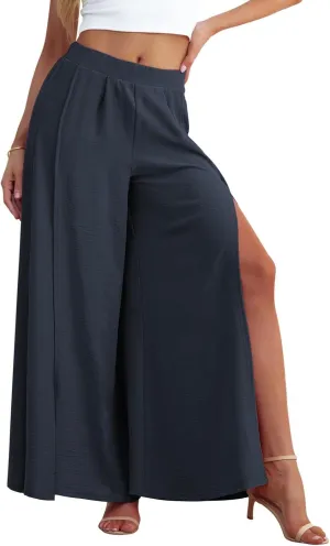 POKWAI Split Wide Leg Pants for Women Beach Vacation High Waist Lightweight Flowy Casual Summer Pants