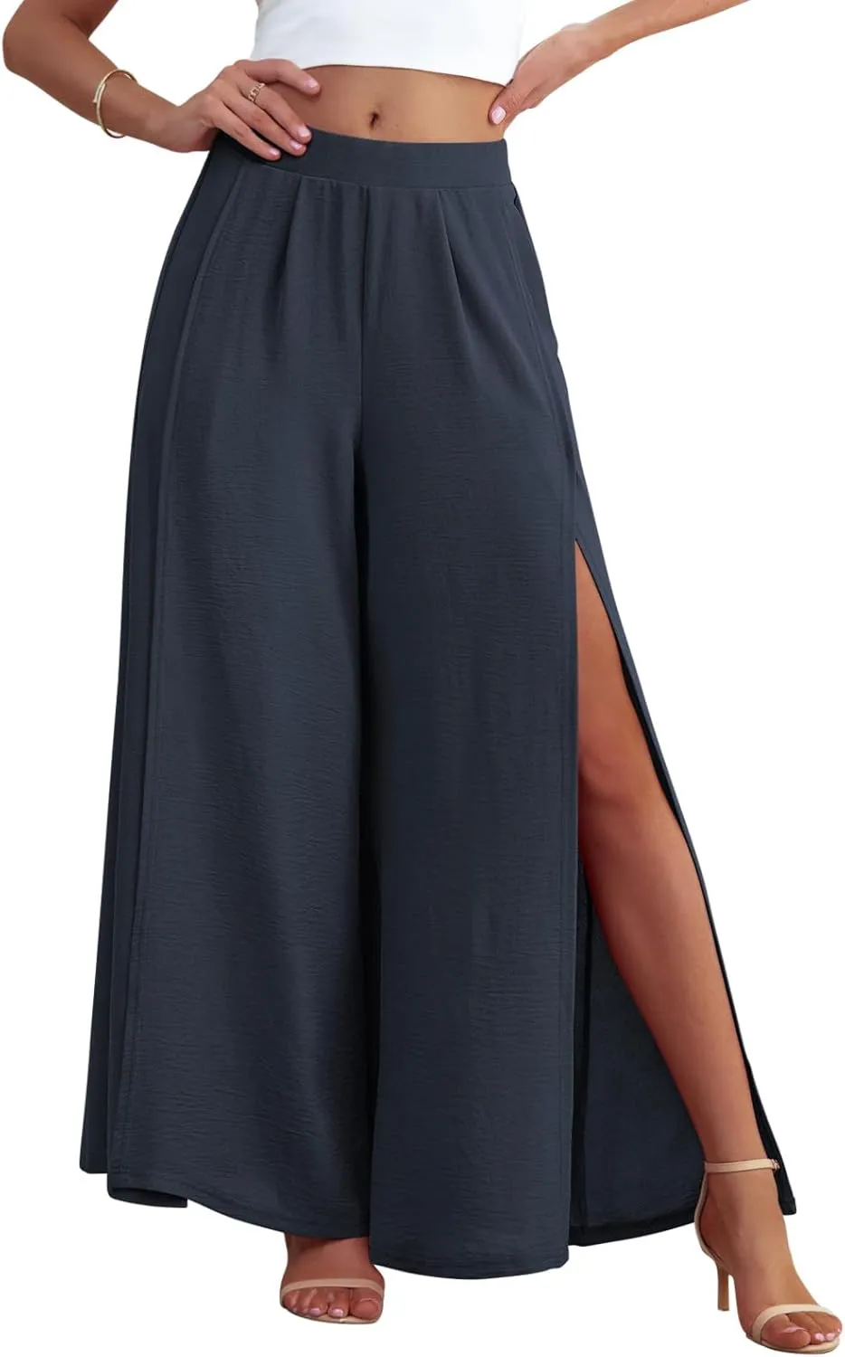 POKWAI Split Wide Leg Pants for Women Beach Vacation High Waist Lightweight Flowy Casual Summer Pants