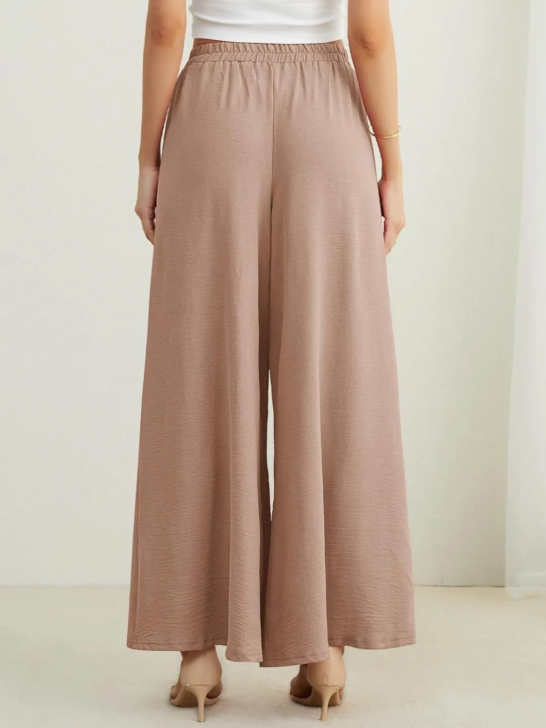 POKWAI Split Wide Leg Pants for Women Beach Vacation High Waist Lightweight Flowy Casual Summer Pants