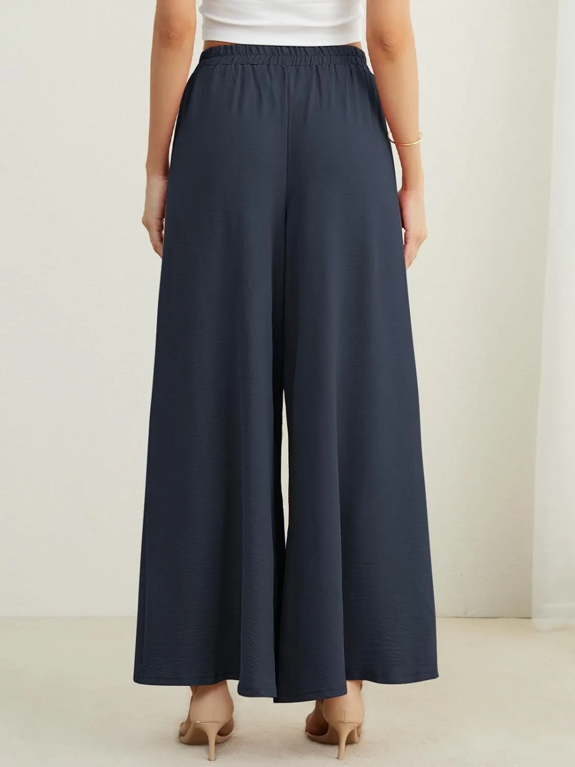 POKWAI Split Wide Leg Pants for Women Beach Vacation High Waist Lightweight Flowy Casual Summer Pants