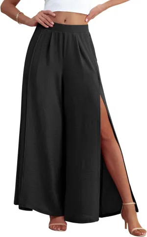 POKWAI Split Wide Leg Pants for Women Beach Vacation High Waist Lightweight Flowy Casual Summer Pants