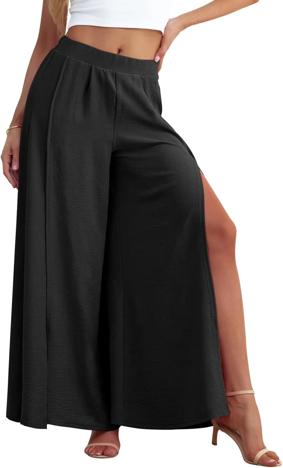 POKWAI Split Wide Leg Pants for Women Beach Vacation High Waist Lightweight Flowy Casual Summer Pants