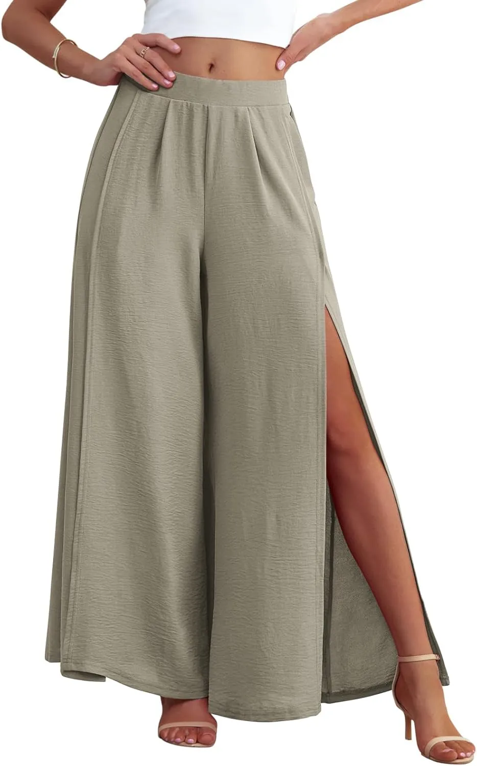 POKWAI Split Wide Leg Pants for Women Beach Vacation High Waist Lightweight Flowy Casual Summer Pants