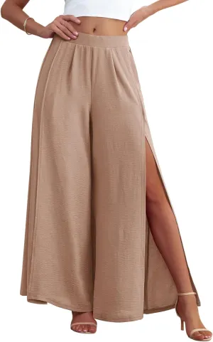 POKWAI Split Wide Leg Pants for Women Beach Vacation High Waist Lightweight Flowy Casual Summer Pants