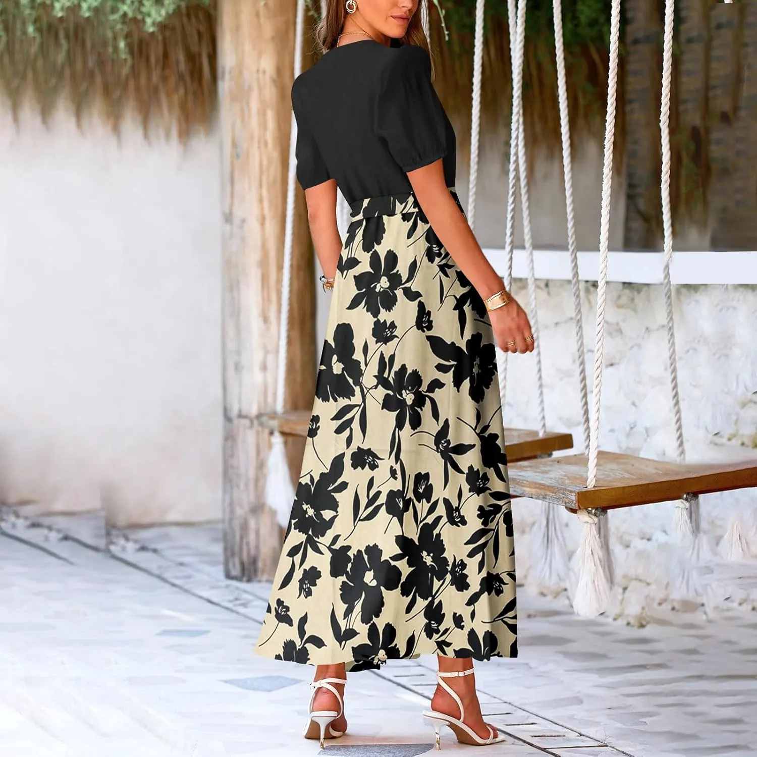 Resort Dresses for Women 2025 Vacation Floral Beach Wedding Guest Maxi Dress High Slit Ruffle Tea Party Midi Dress