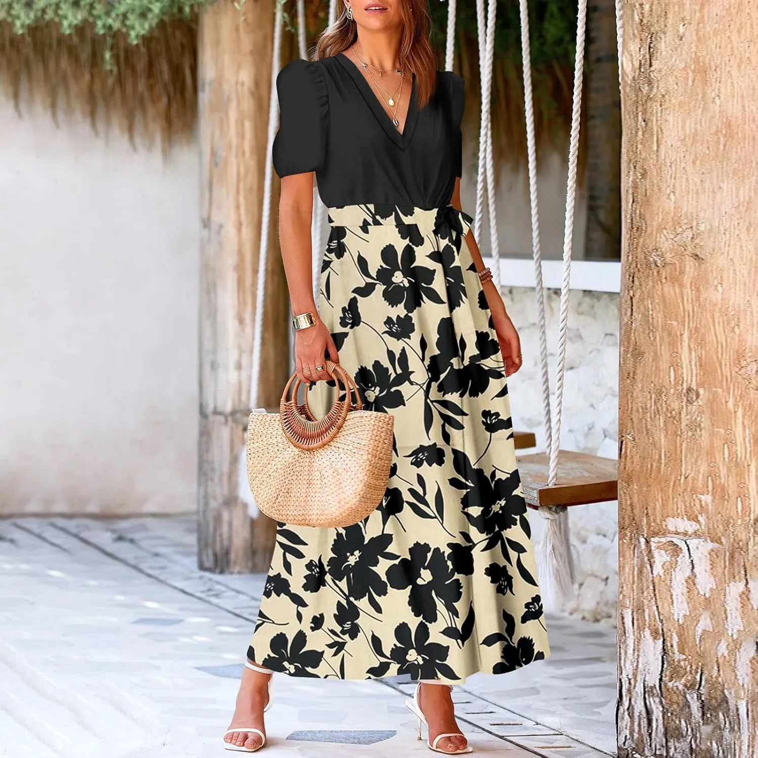 Resort Dresses for Women 2025 Vacation Floral Beach Wedding Guest Maxi Dress High Slit Ruffle Tea Party Midi Dress