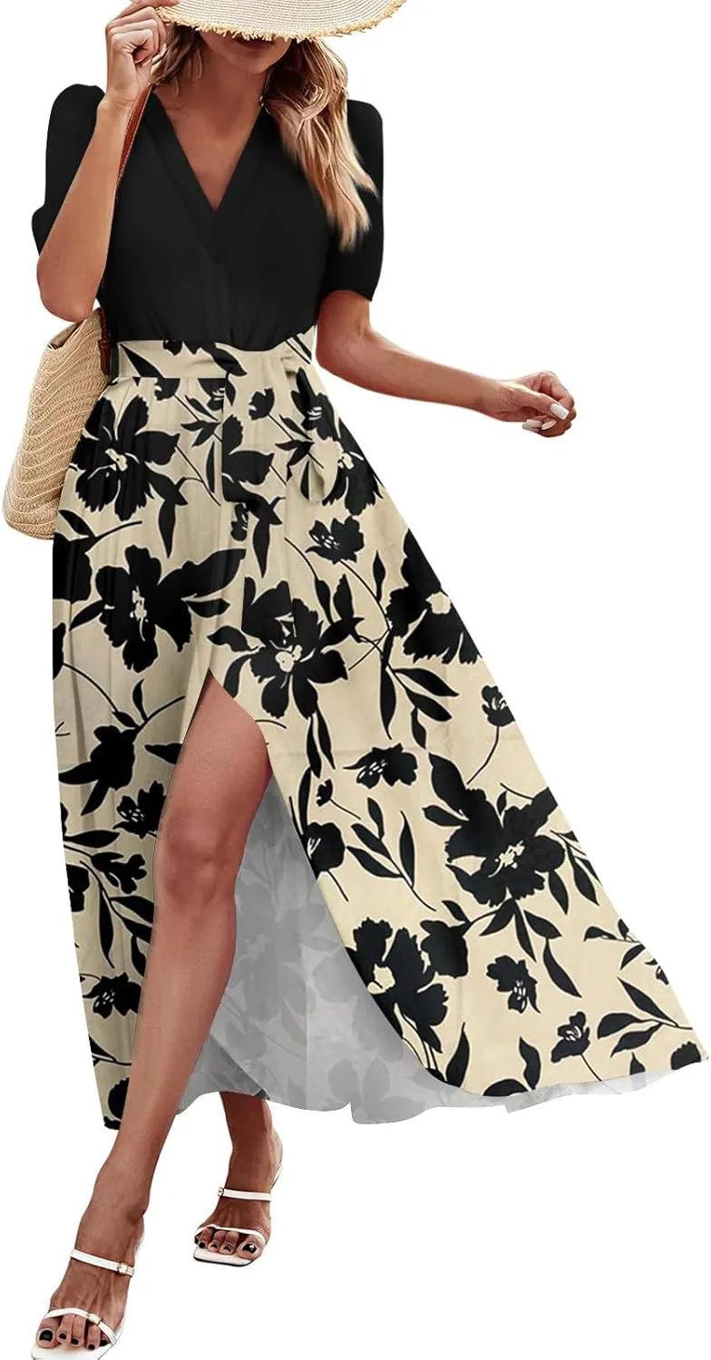 Resort Dresses for Women 2025 Vacation Floral Beach Wedding Guest Maxi Dress High Slit Ruffle Tea Party Midi Dress