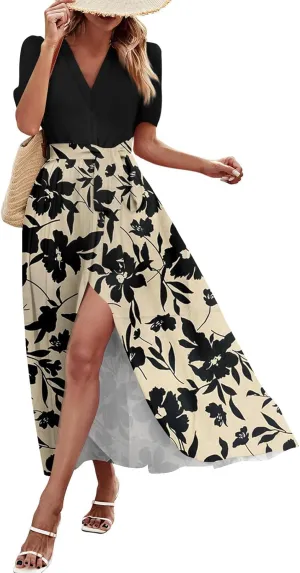 Resort Dresses for Women 2025 Vacation Floral Beach Wedding Guest Maxi Dress High Slit Ruffle Tea Party Midi Dress