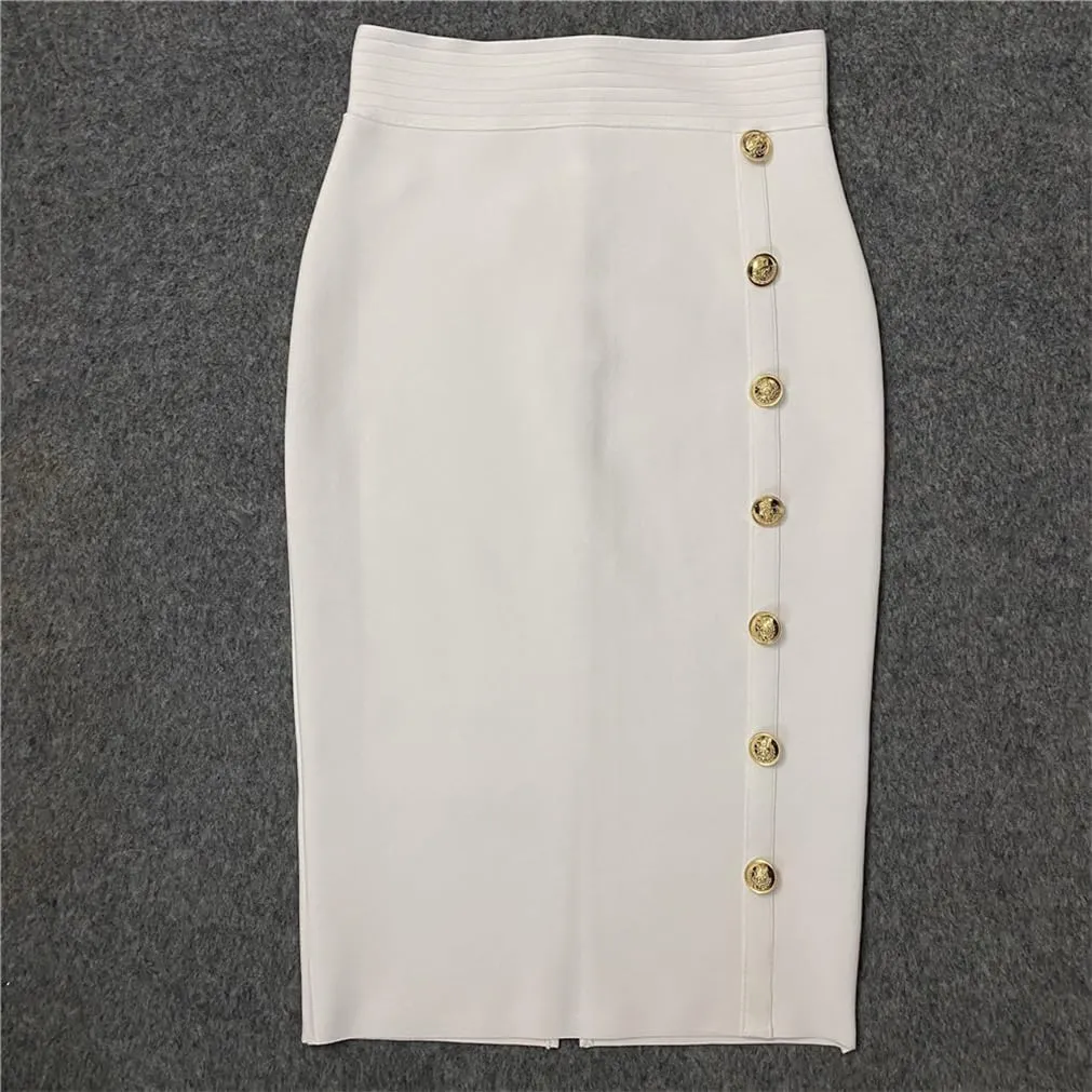 Sorrica Women's Elastic Waist Stretch Midi Pencil Skirt Bodycon Button Decor Skirts with Back Slit