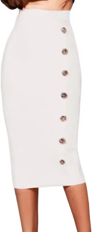 Sorrica Women's Elastic Waist Stretch Midi Pencil Skirt Bodycon Button Decor Skirts with Back Slit