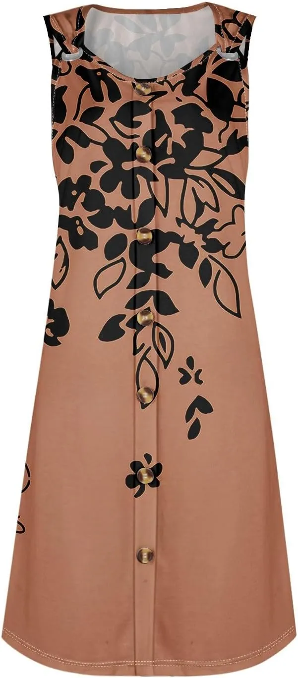 Spring Dresses for Women V Neck Button Floral Printed Boho Sleeveless A Line Mini Sundresses with Pockets