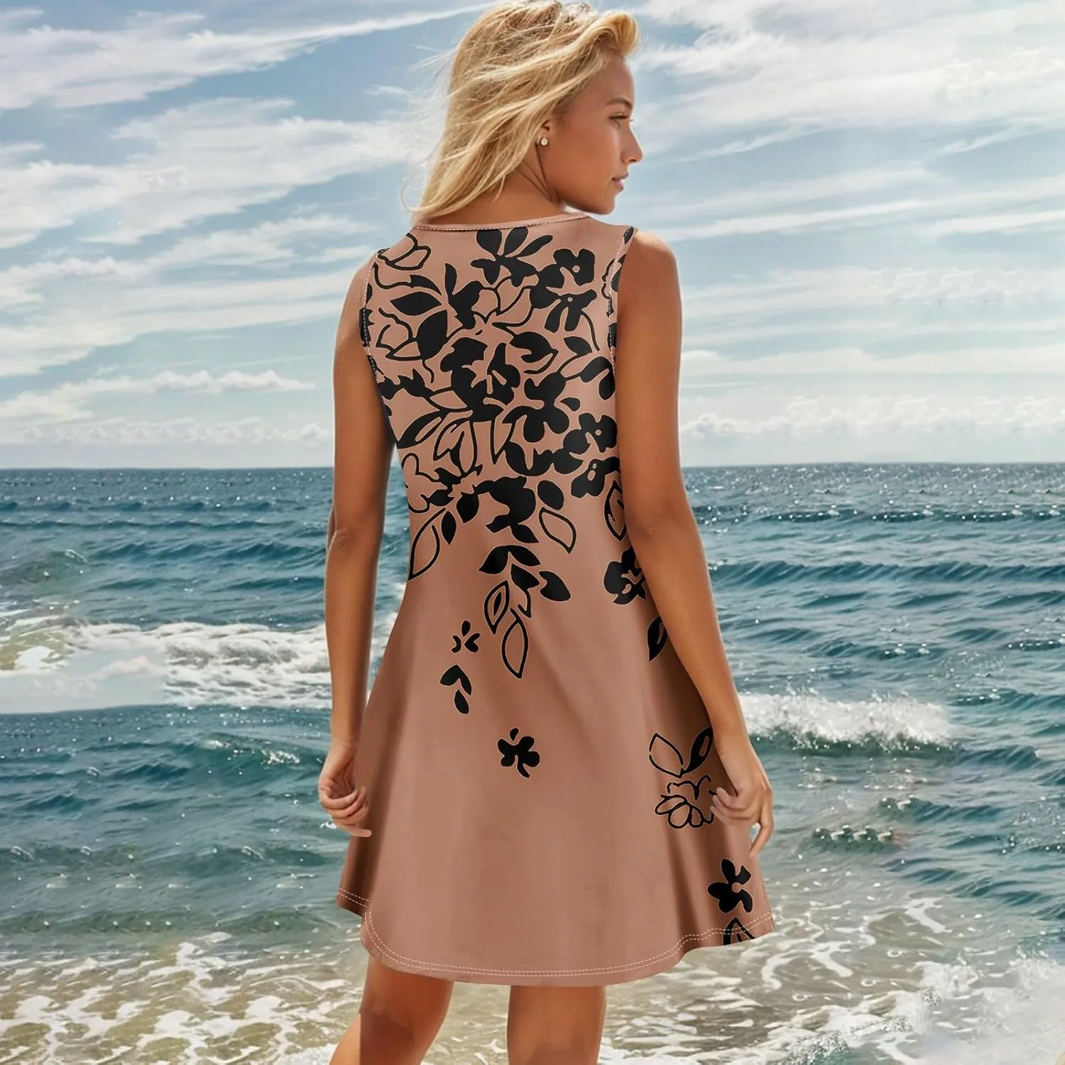 Spring Dresses for Women V Neck Button Floral Printed Boho Sleeveless A Line Mini Sundresses with Pockets
