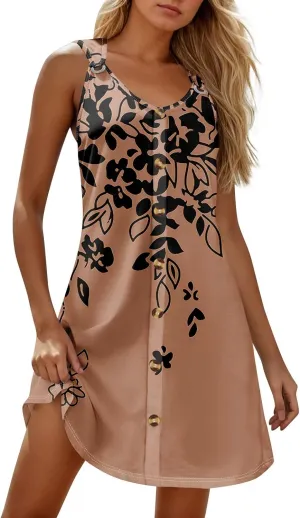 Spring Dresses for Women V Neck Button Floral Printed Boho Sleeveless A Line Mini Sundresses with Pockets