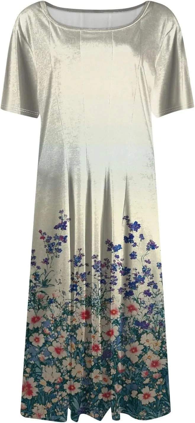 Summer Dresses for Women 2025 Beach Vacation Elegant A Line Dress Side Pockets Crewneck Short Sleeve Midi Sun Dress