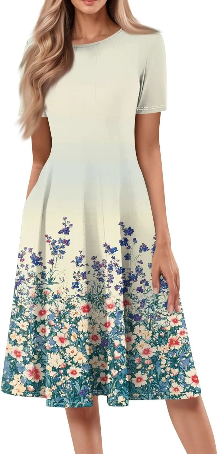 Summer Dresses for Women 2025 Beach Vacation Elegant A Line Dress Side Pockets Crewneck Short Sleeve Midi Sun Dress