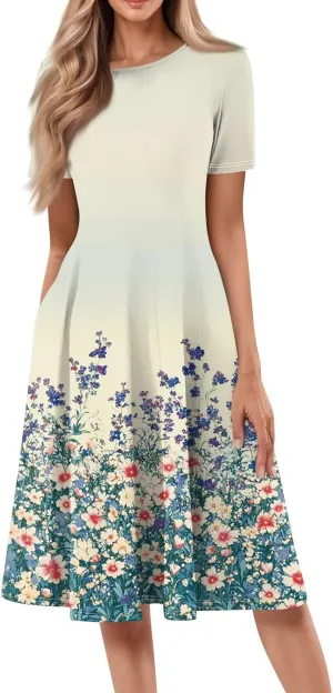 Summer Dresses for Women 2025 Beach Vacation Elegant A Line Dress Side Pockets Crewneck Short Sleeve Midi Sun Dress