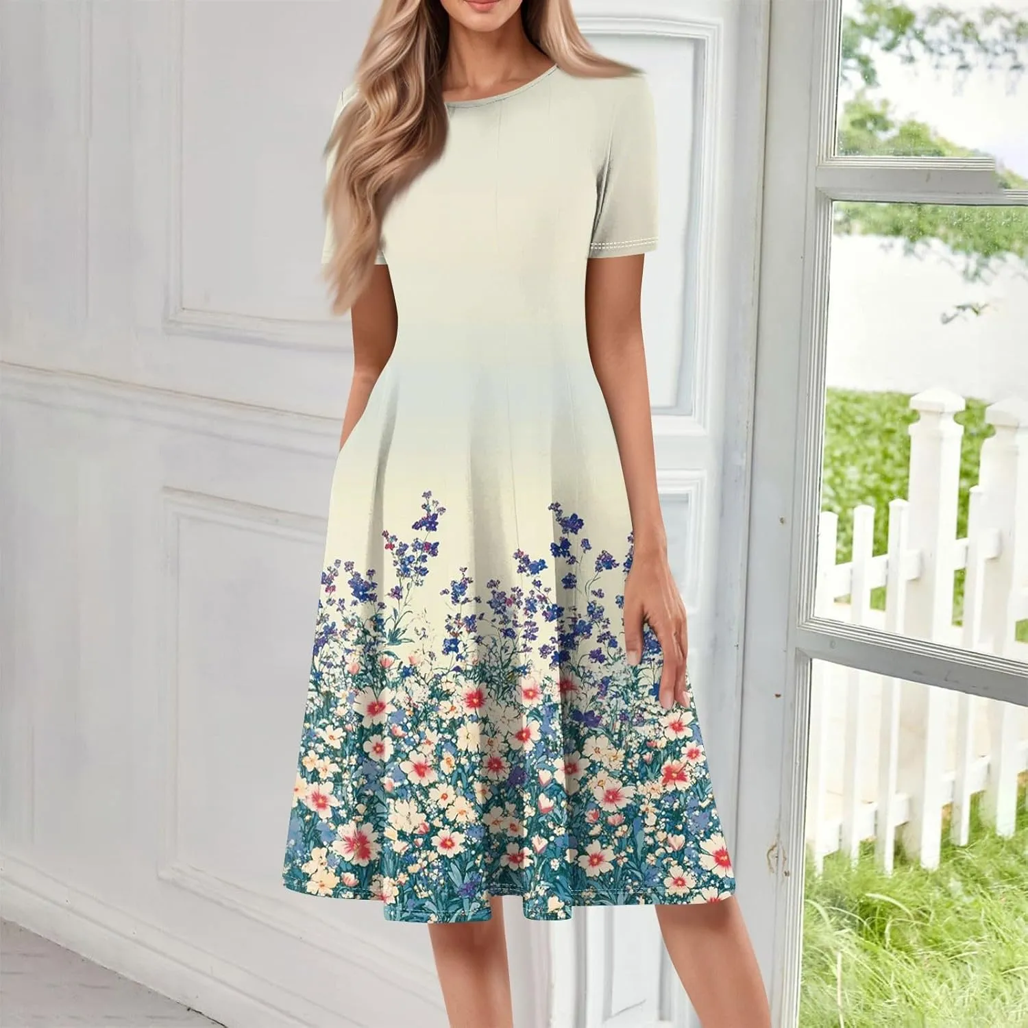 Summer Dresses for Women 2025 Beach Vacation Elegant A Line Dress Side Pockets Crewneck Short Sleeve Midi Sun Dress