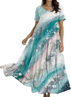Summer Dresses for Women 2025 Short Sleeve Long Maxi Casual Loose Bohemian Floral Dresses;Womens Fashion