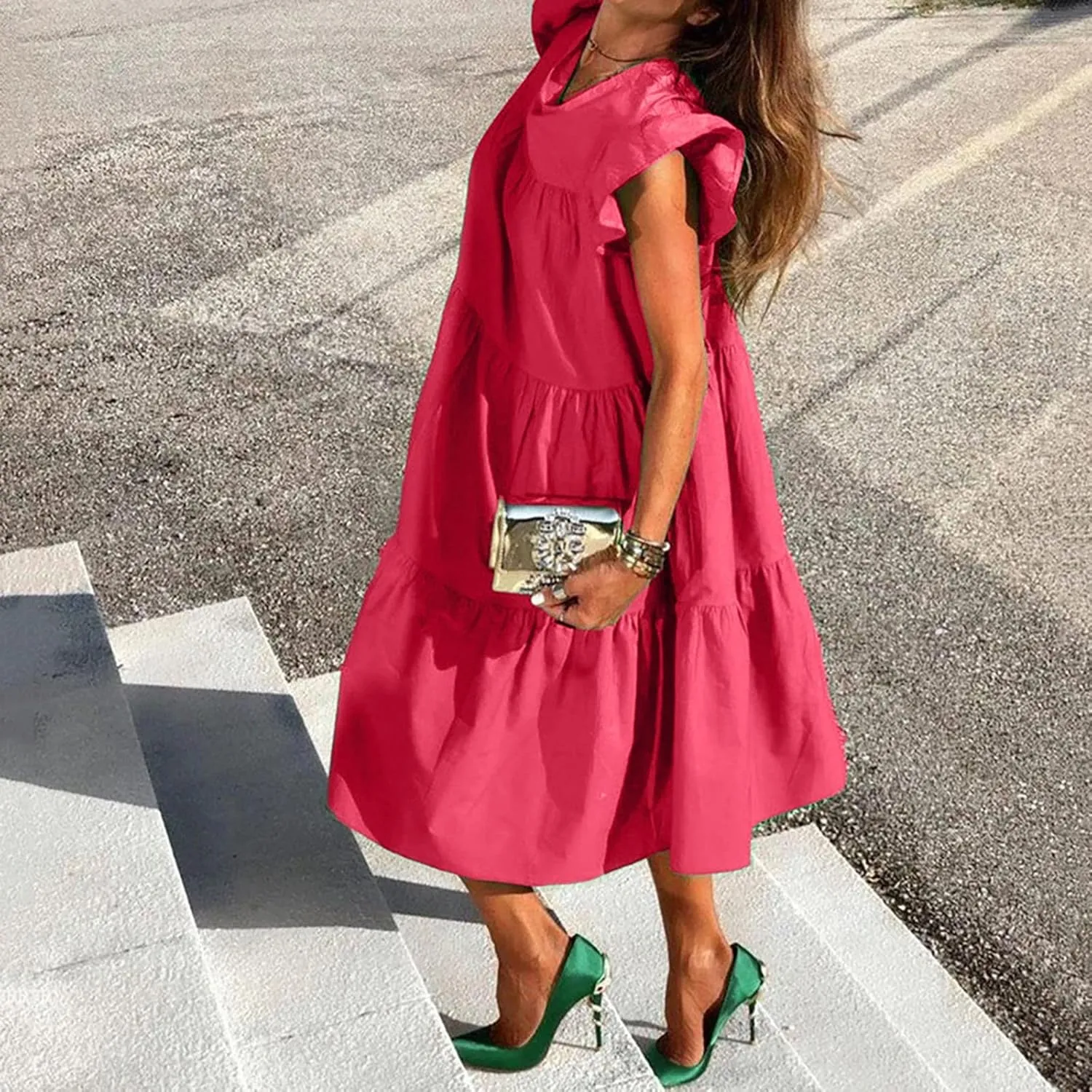 Summer Dresses for Women 2025,Women 's Plus Size Flowy Mini Dress Crew Neck Ruffle Short Sleeve Tiered Flowy Dresses