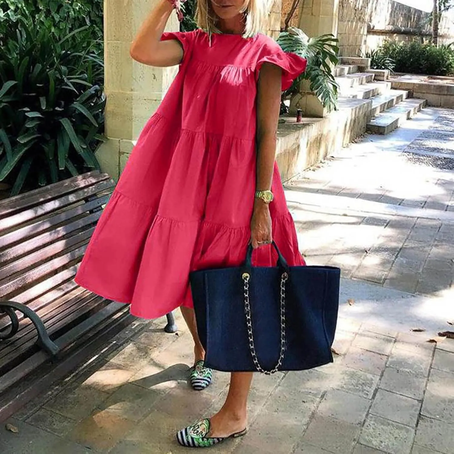 Summer Dresses for Women 2025,Women 's Plus Size Flowy Mini Dress Crew Neck Ruffle Short Sleeve Tiered Flowy Dresses