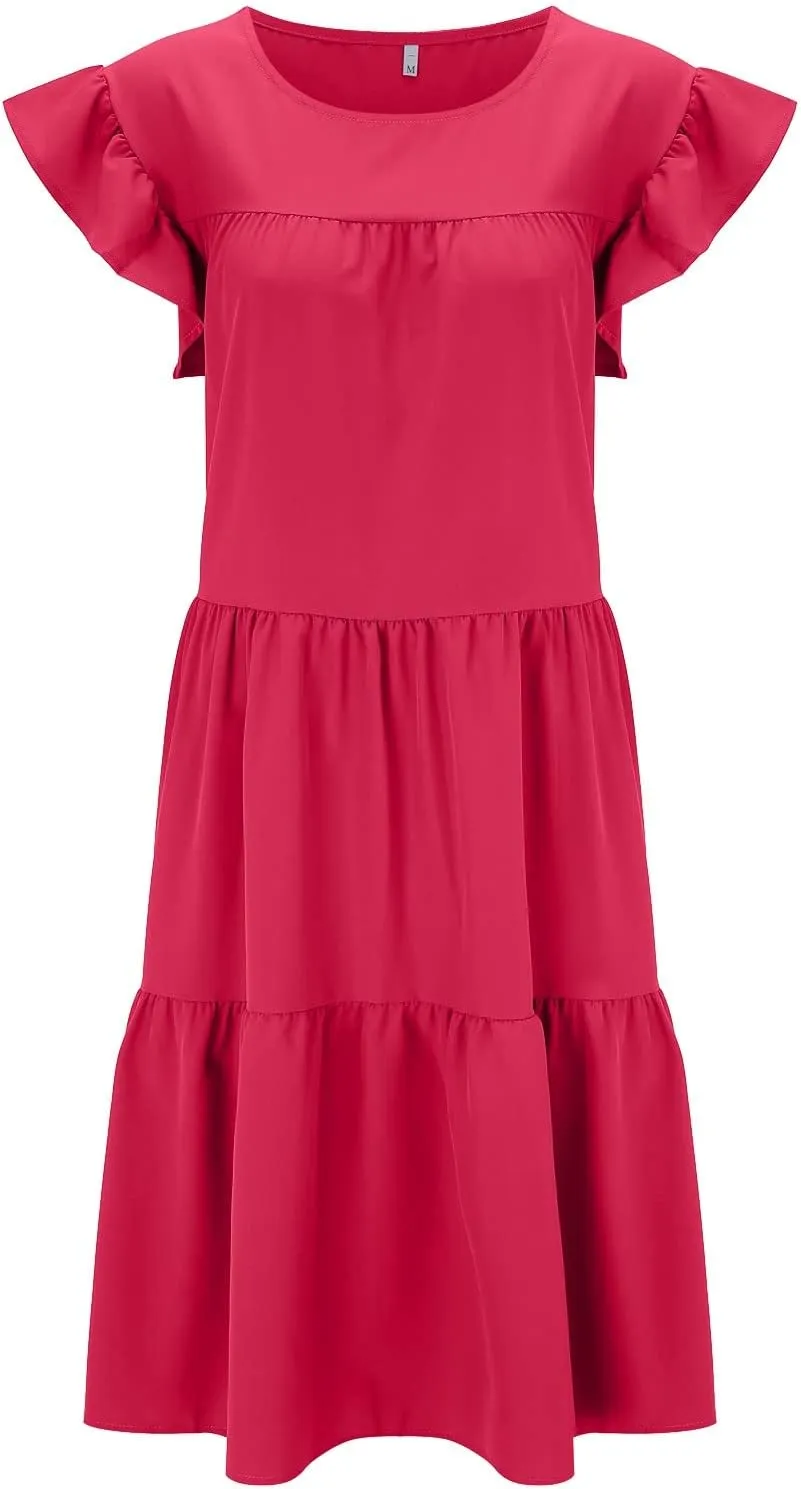 Summer Dresses for Women 2025,Women 's Plus Size Flowy Mini Dress Crew Neck Ruffle Short Sleeve Tiered Flowy Dresses