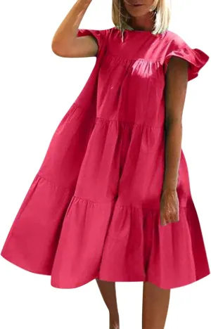 Summer Dresses for Women 2025,Women 's Plus Size Flowy Mini Dress Crew Neck Ruffle Short Sleeve Tiered Flowy Dresses